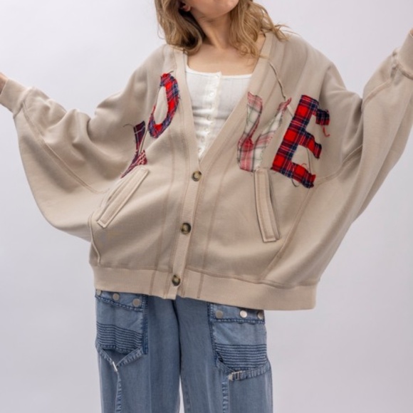 Bluevelvet Love Plaid Print Patch Button Down Loose Fit Cardigan - Picture 4 of 6